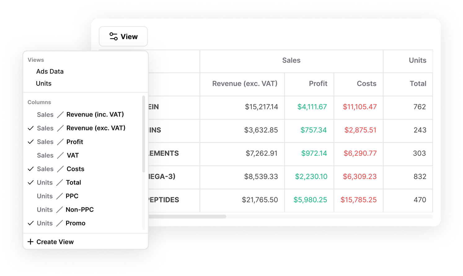 A table listing client products and their performance metrics (revenue, profit, costs, units, etc.).