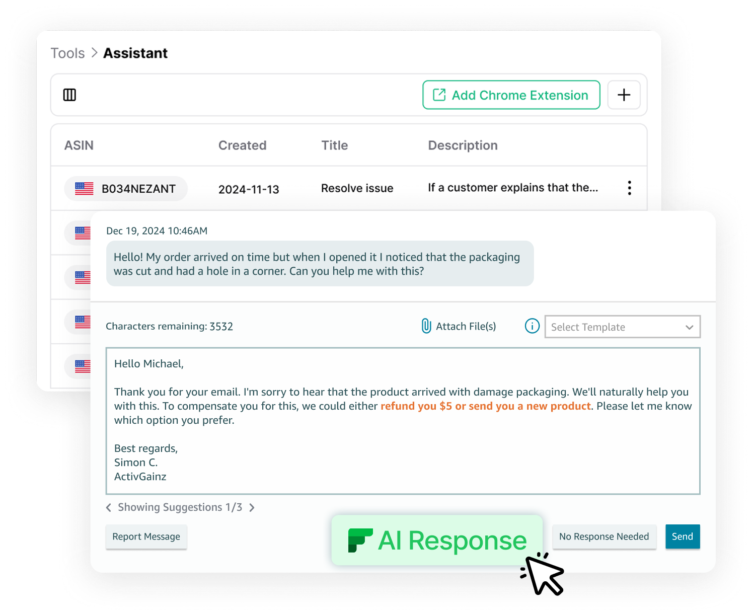 A table listing groups of products and user-defined instructions for how to handle customer service inquiries for those products. Also displays the AI Assistant Plugin at work in the Amazon Seller interface, showing the user suggested responses to customer service inquiries.