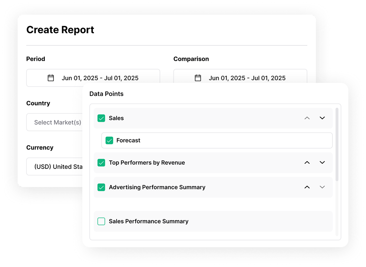 A form for generating a report, where a user can specify the periods and metrics they want to include in the report.